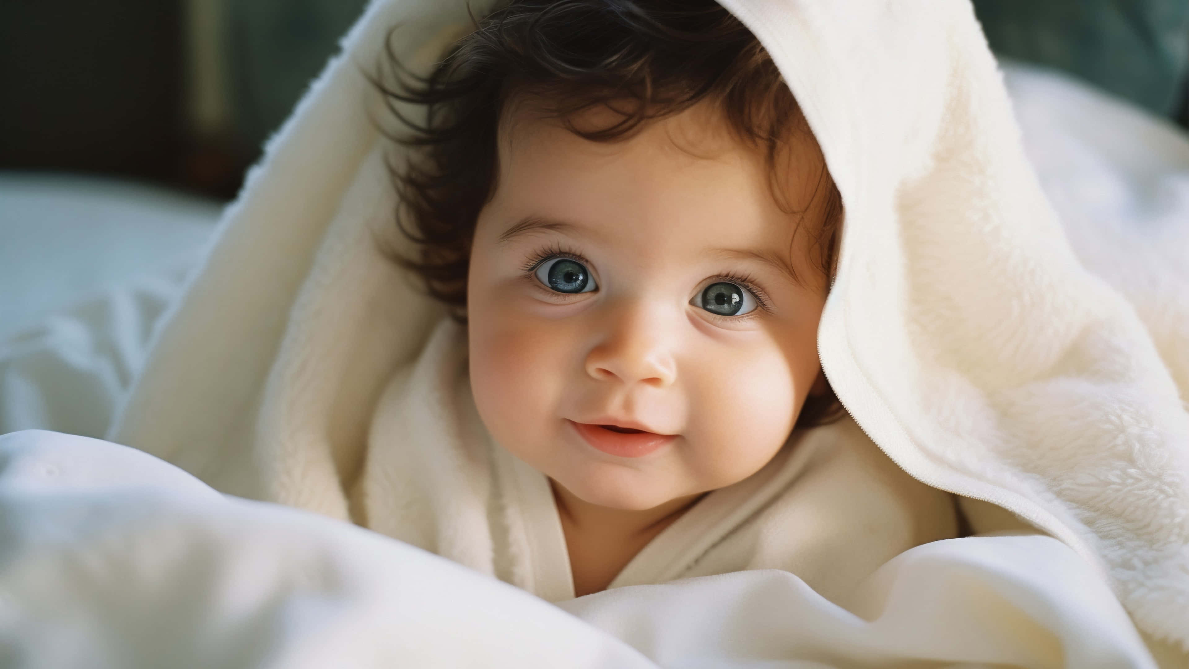 blue eyes, dark curls, soft white blanket, 4K Desktop Wallpaper