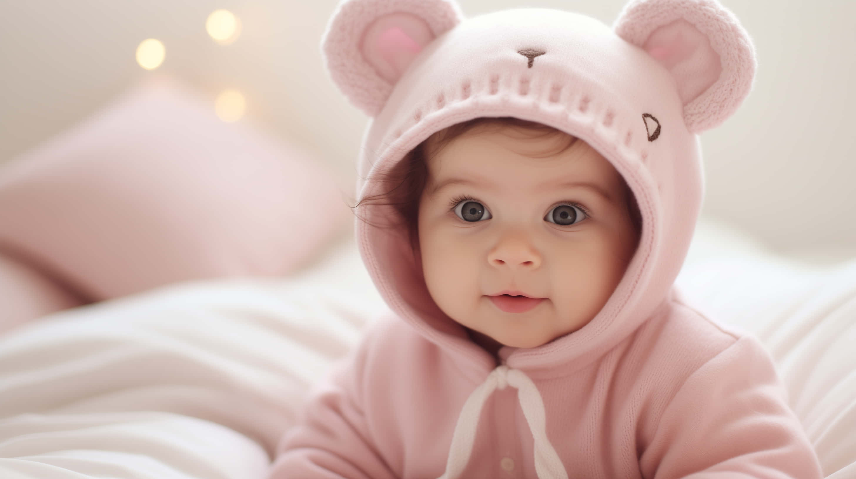 baby, pink bear-themed hooded outfit, bed, 2K Desktop Wallpaper