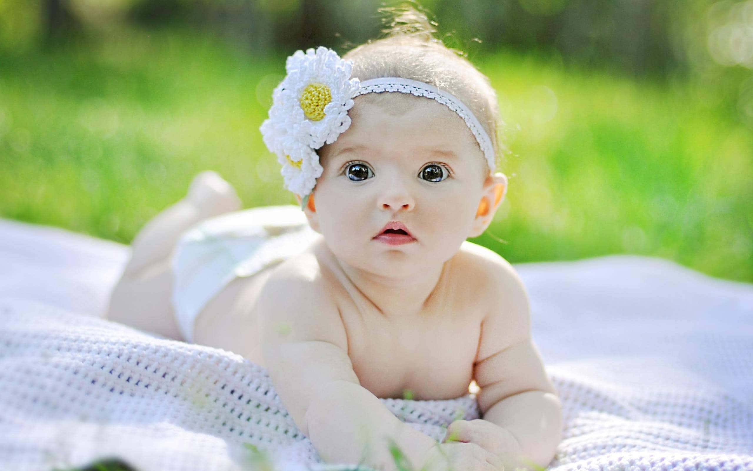 baby, white knit blanket, white daisy headband, 2K Desktop Wallpaper