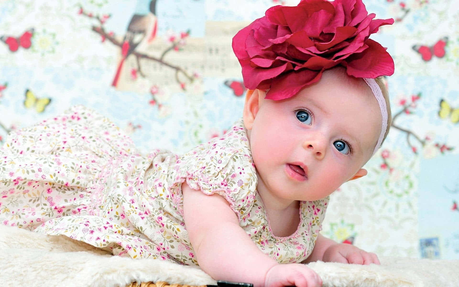 baby girl, floral headband, bright blue eyes, Full HD Desktop Wallpaper