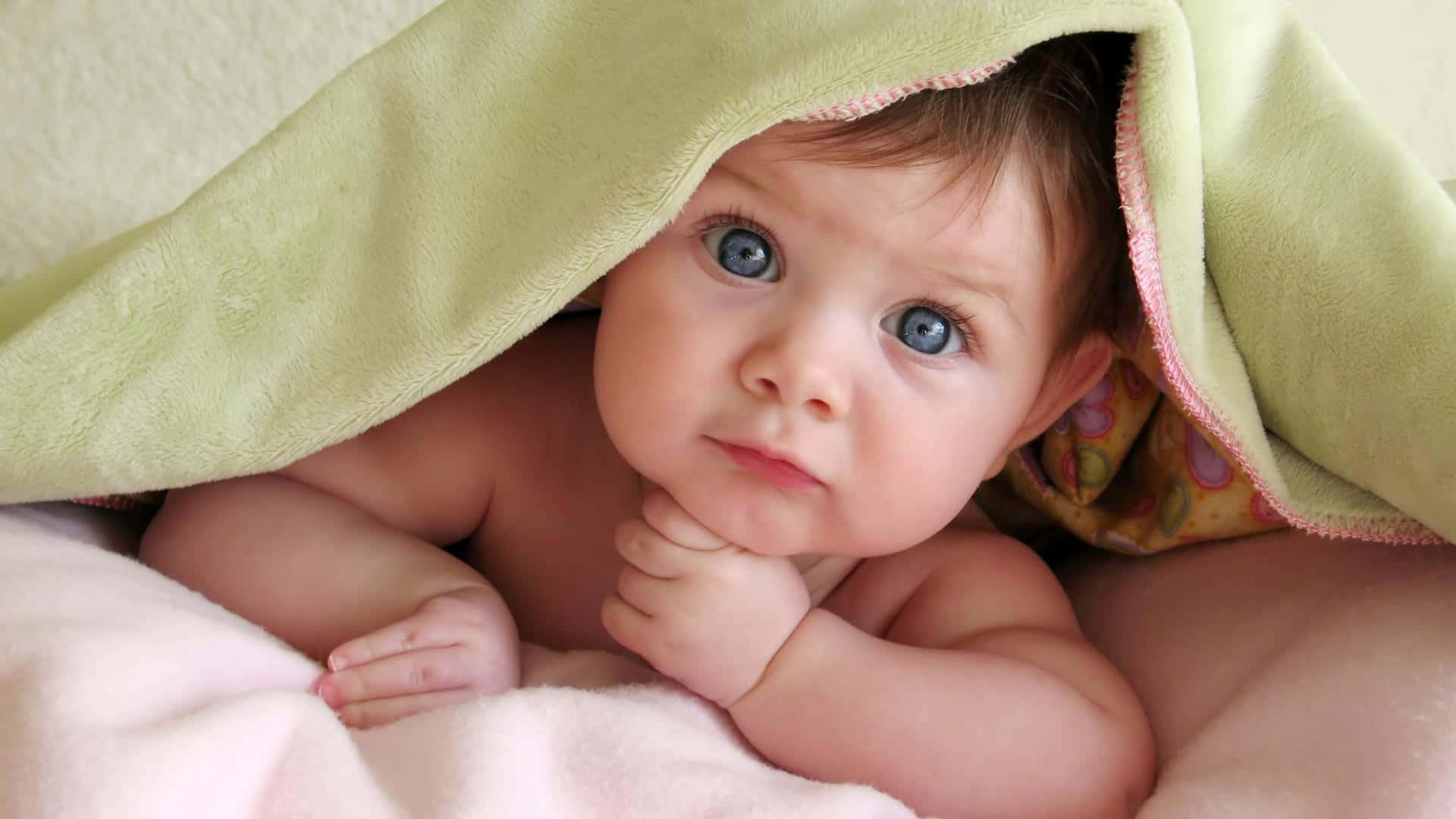 green blanket, blue eyes, pink fabric, Full HD Desktop Wallpaper