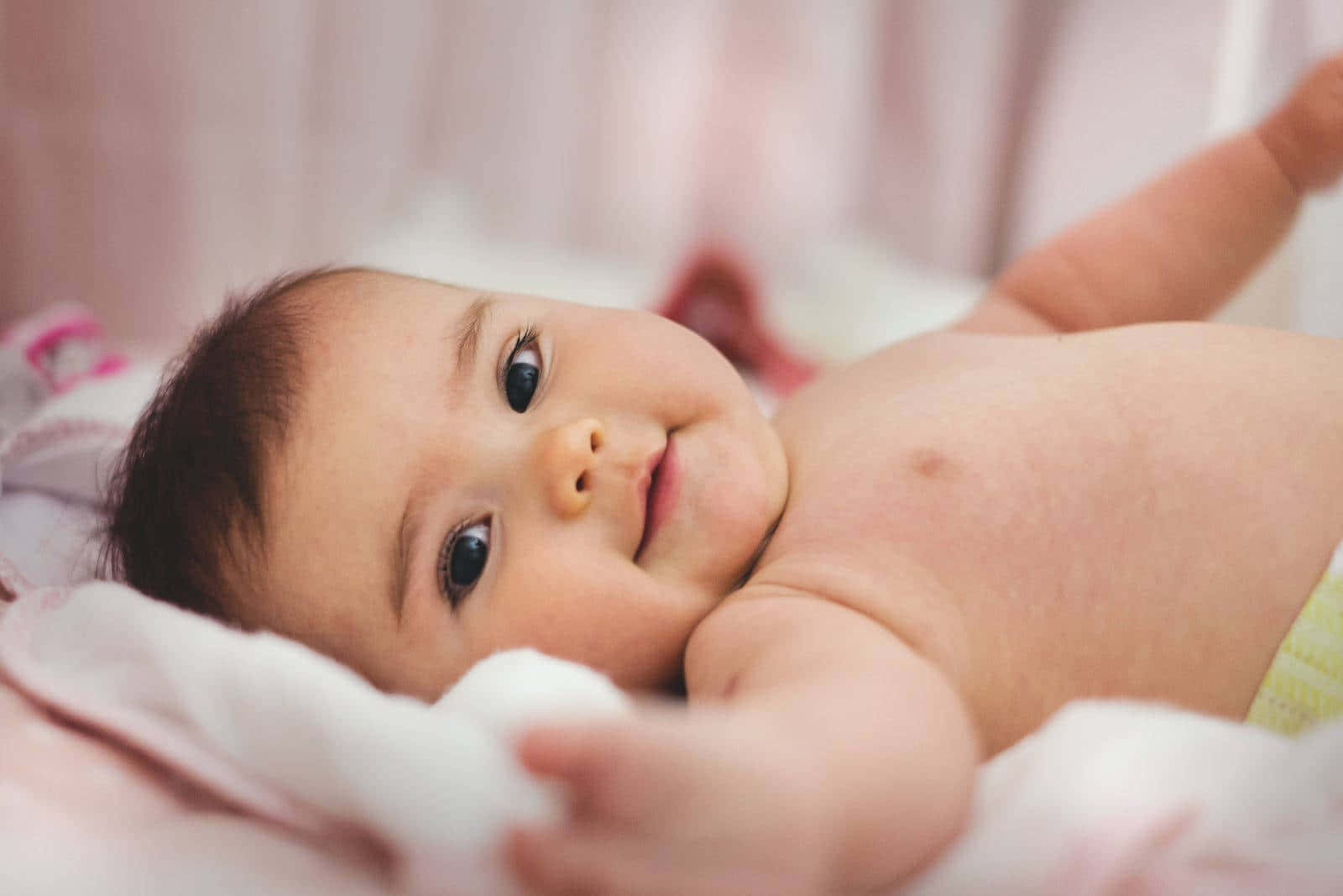 baby, dark eyes, soft pink fabric, HD Desktop Wallpaper