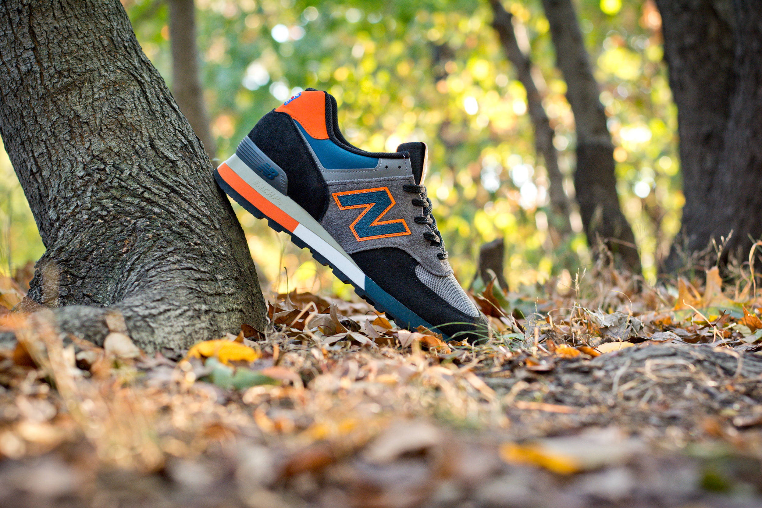 New Balance, orange blue and gray accents, tree trunk, Full HD Desktop Wallpaper