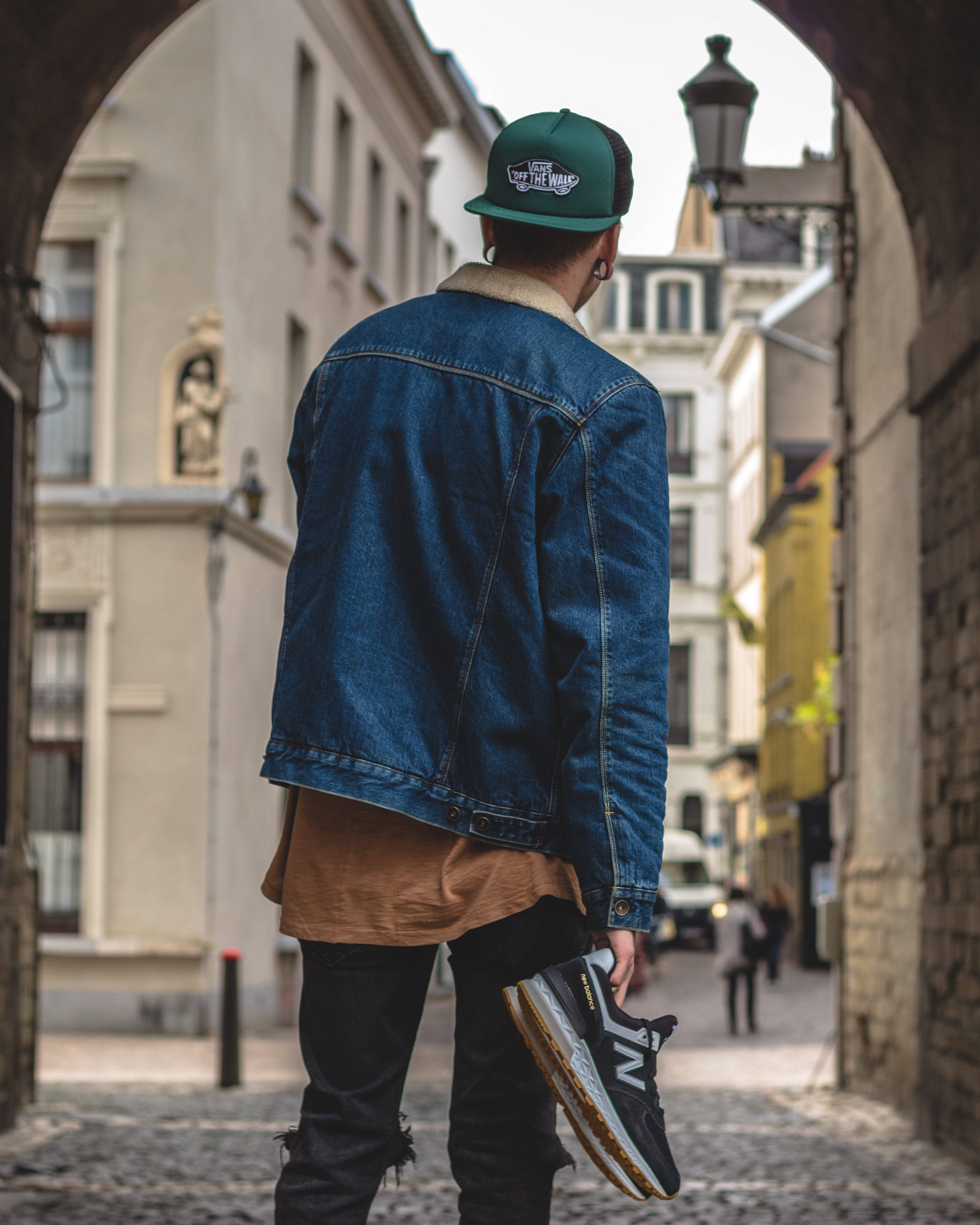 New Balance, denim jacket, green cap, 4K Phone Wallpaper
