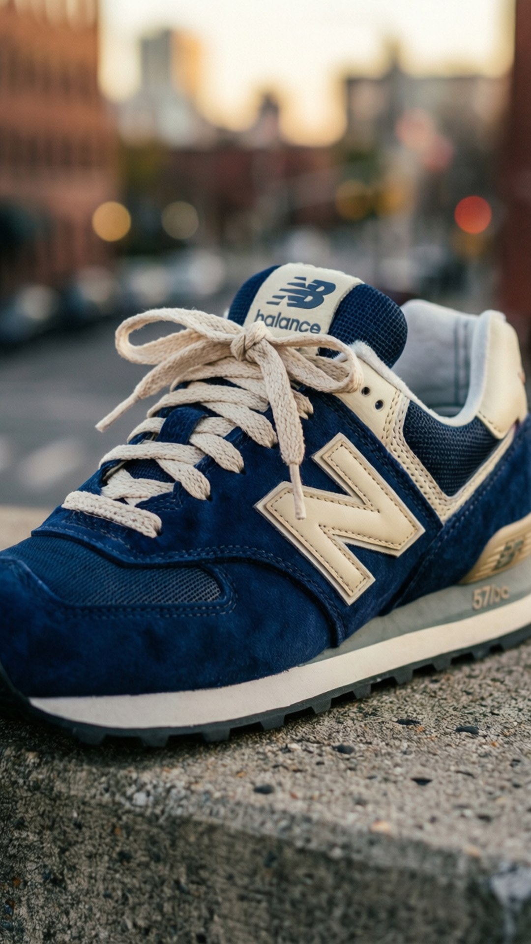 New Balance 574, navy blue, beige laces, Full HD Phone Wallpaper