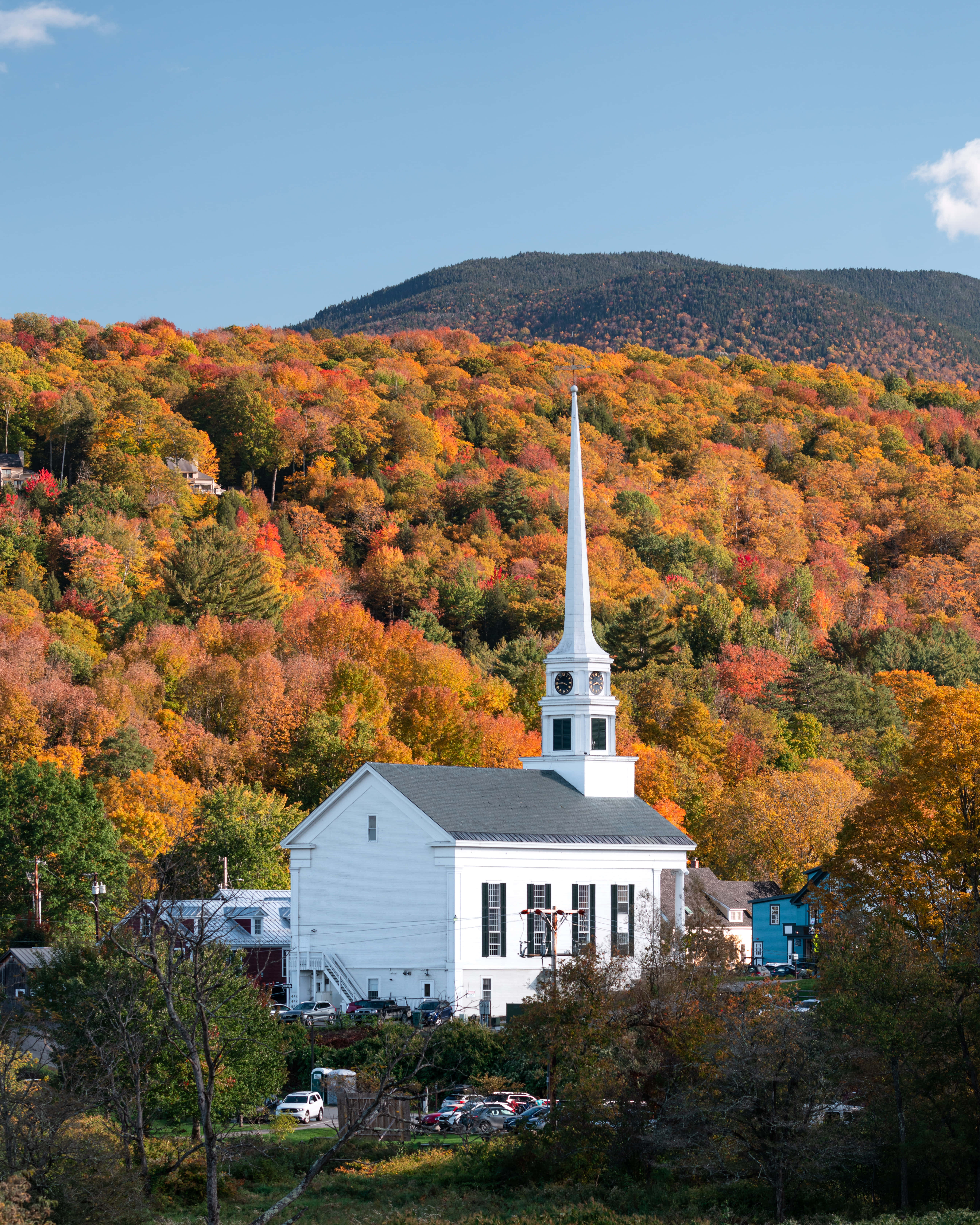 New England, autumn foliage, white church, 5K Phone Wallpaper