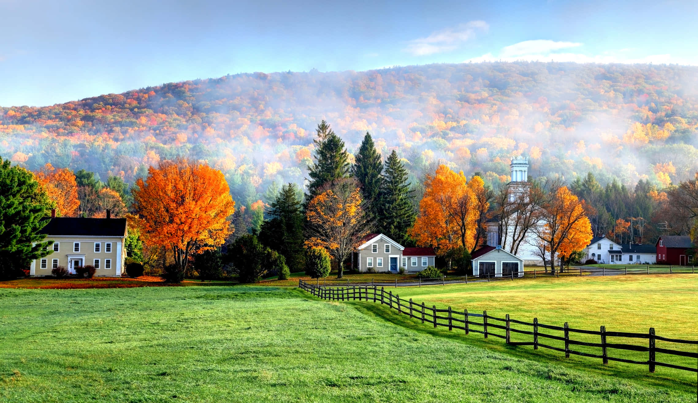 New England Autumn, autumn morning, rural valley, Full HD Desktop Wallpaper