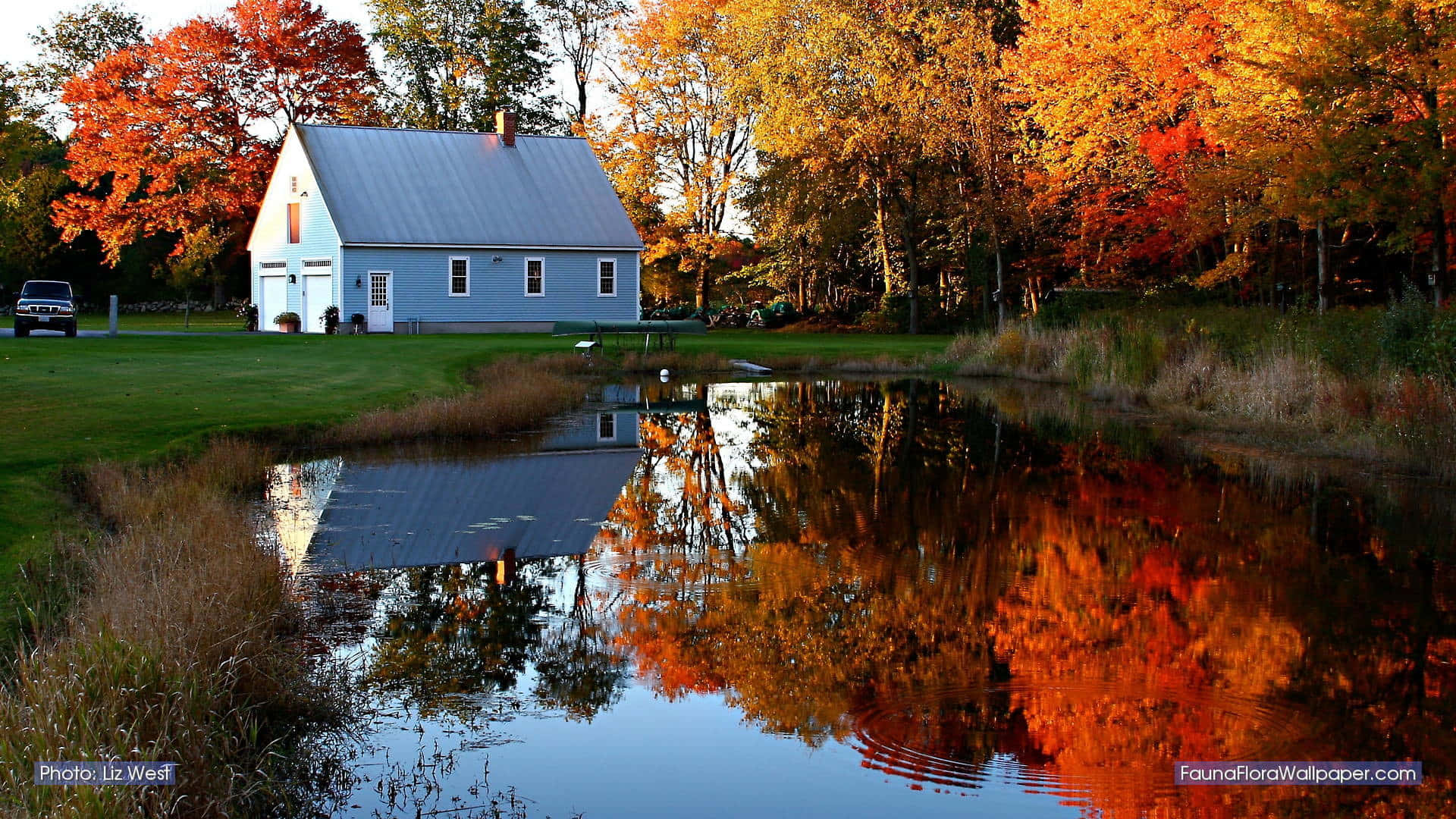 New England Autumn, blue house, calm pond, Full HD Desktop Wallpaper
