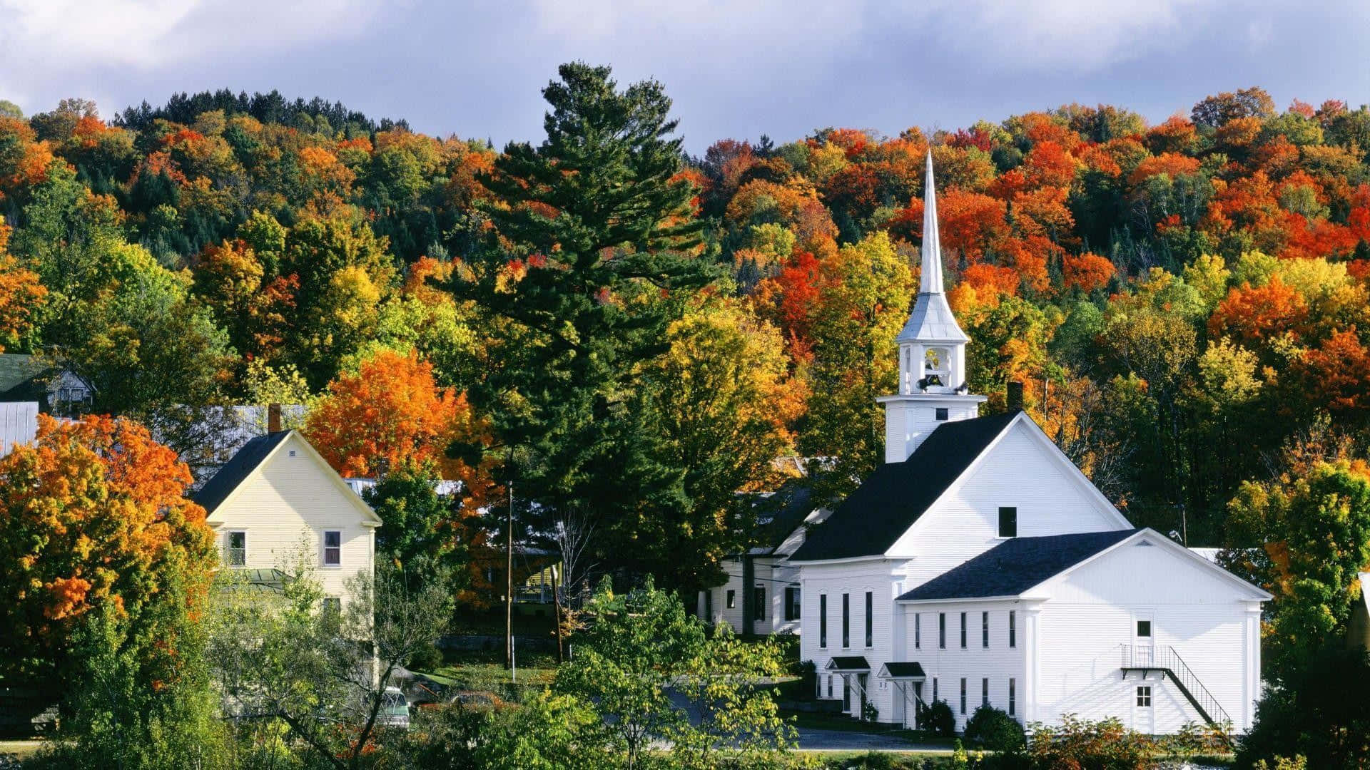 New England Autumn, white church, steeple, Full HD Desktop Wallpaper