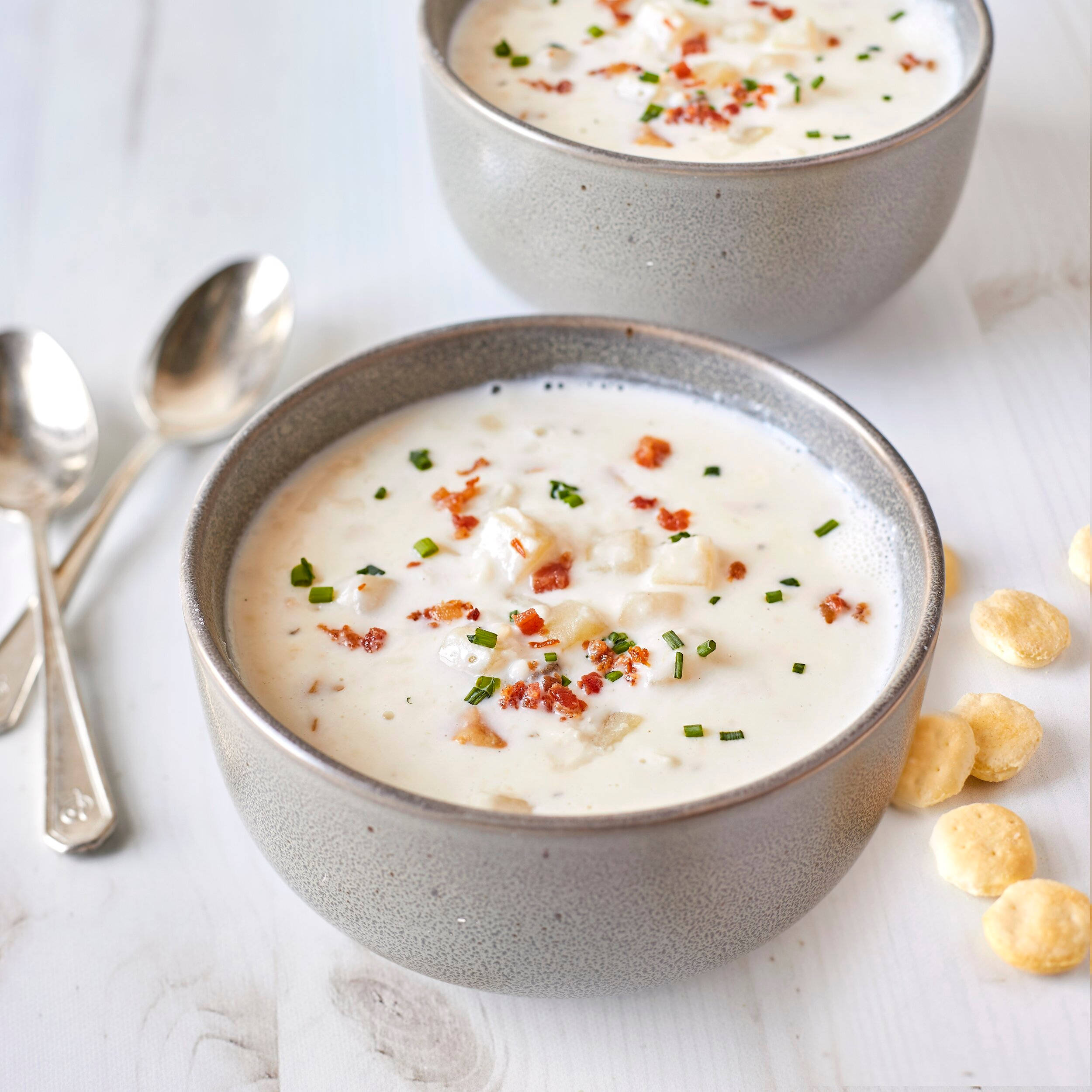 New England Clam Chowder, ceramic bowls, creamy clam chowder, Full HD Desktop Wallpaper
