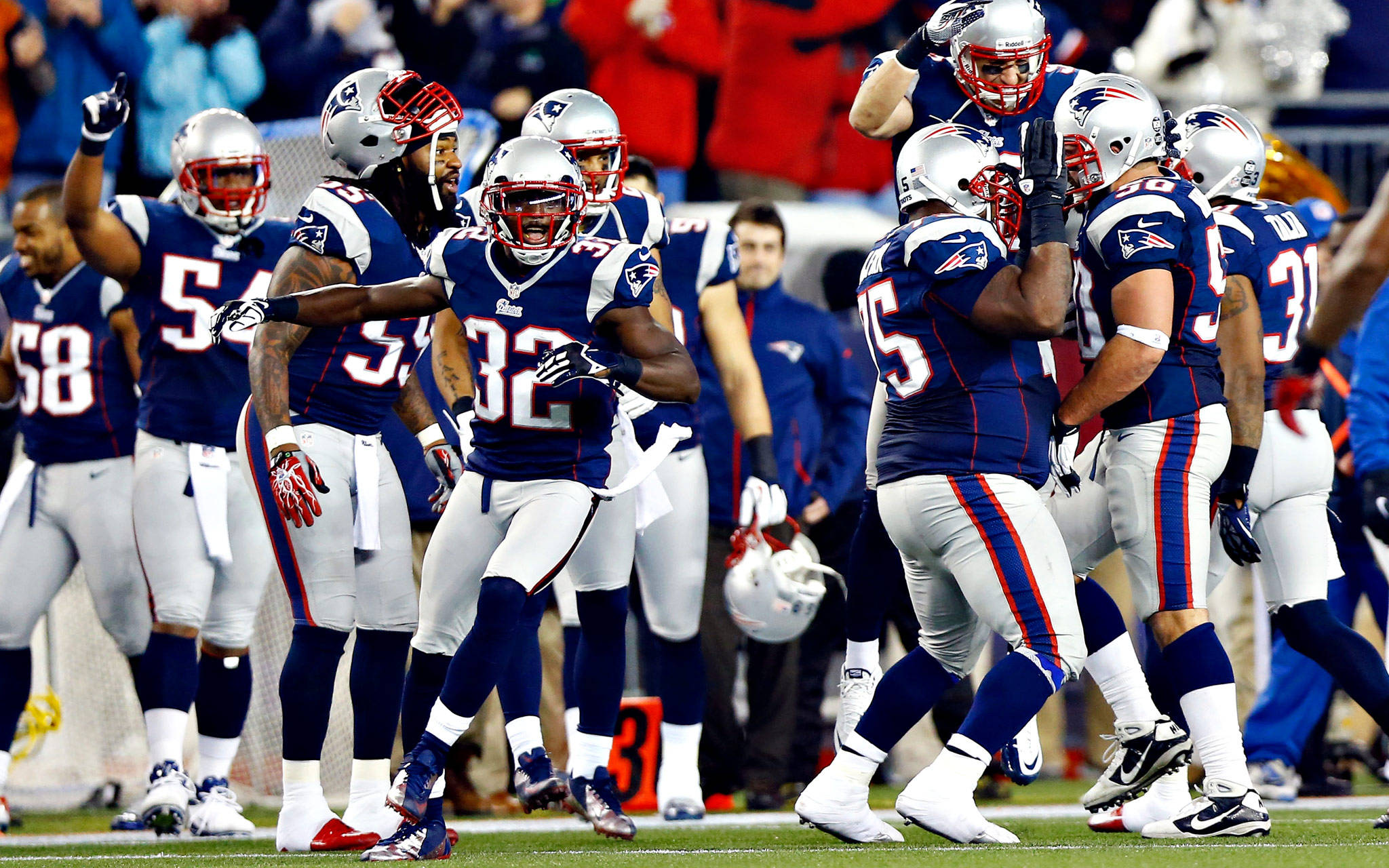 New England Patriots, blue and silver uniforms, football players, Full HD Desktop Wallpaper