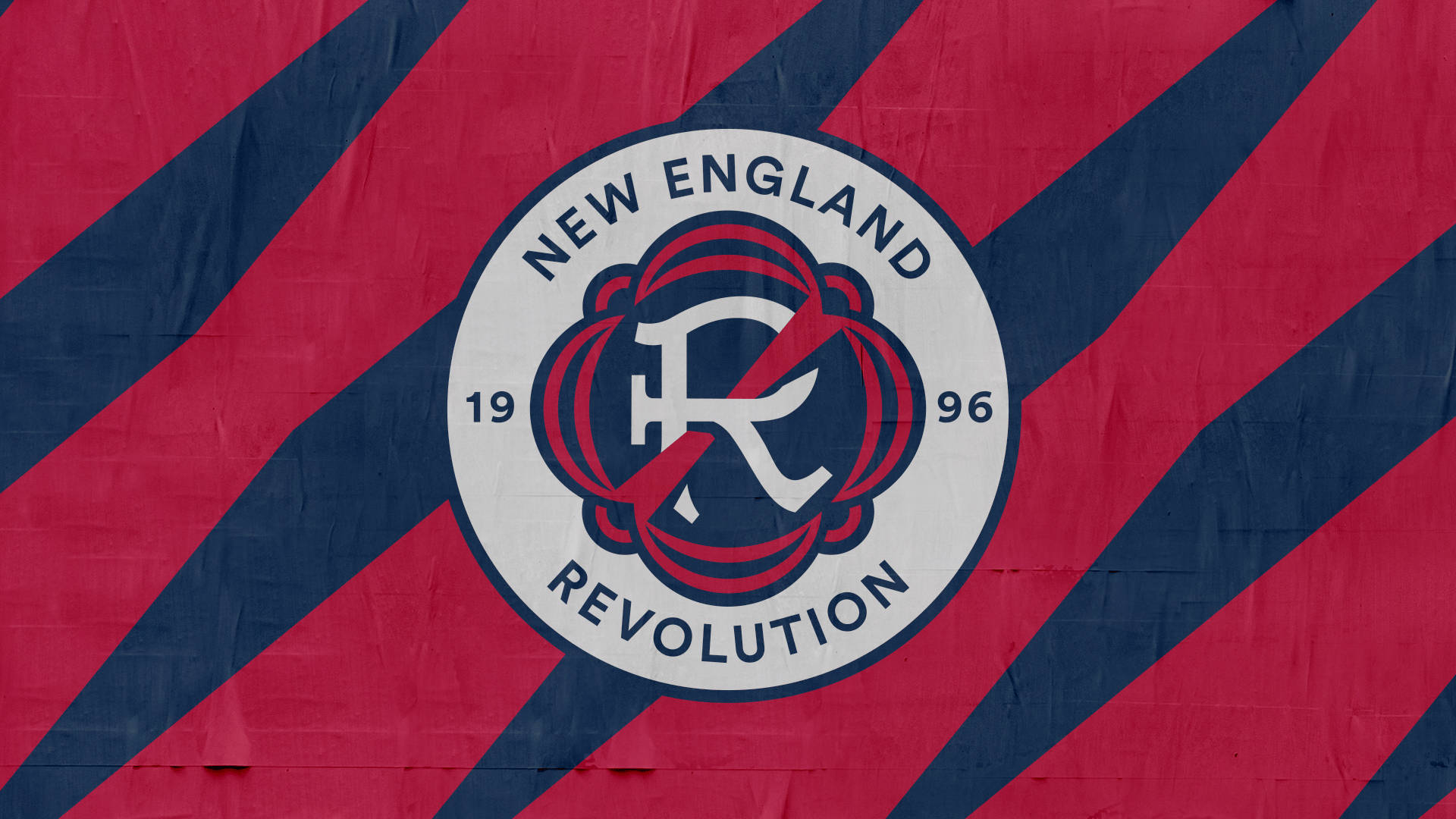 New England Revolution, 2021 logo, red and navy blue diagonally striped fabric background, Full HD Desktop Wallpaper