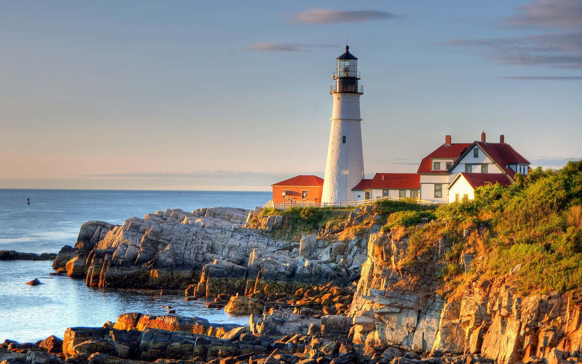 New England Summer, sunset, white lighthouse, Full HD Desktop Wallpaper