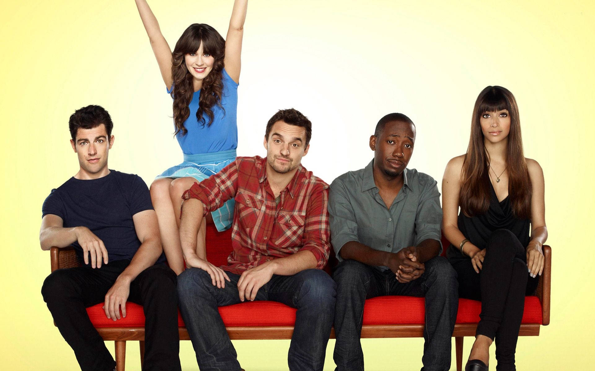 New Girl, television series poster, red bench, Full HD Desktop Wallpaper