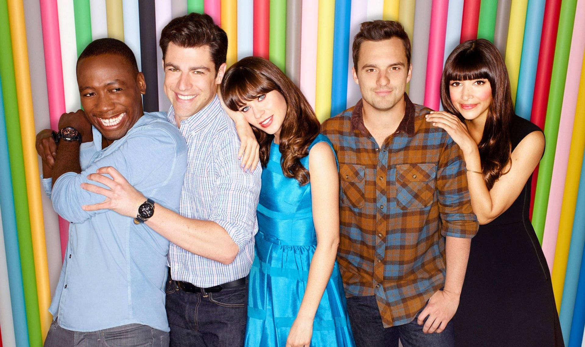 New Girl, sitcom cast, colorful pipes, Full HD Desktop Wallpaper