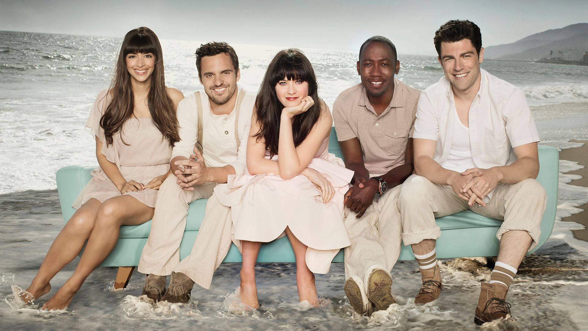 New Girl, turquoise couch, ocean water, Full HD Desktop Wallpaper
