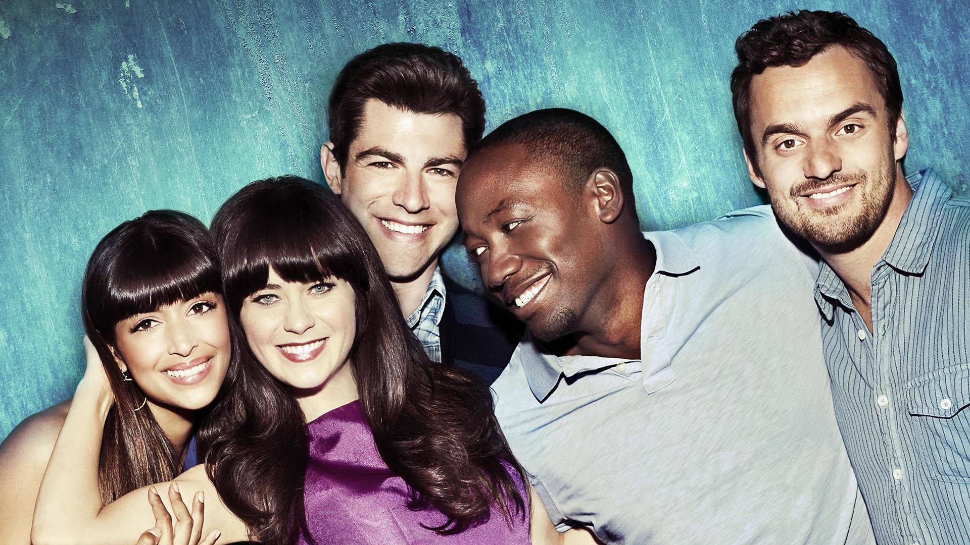 New Girl, sitcom, teal backdrop, Full HD Desktop Wallpaper