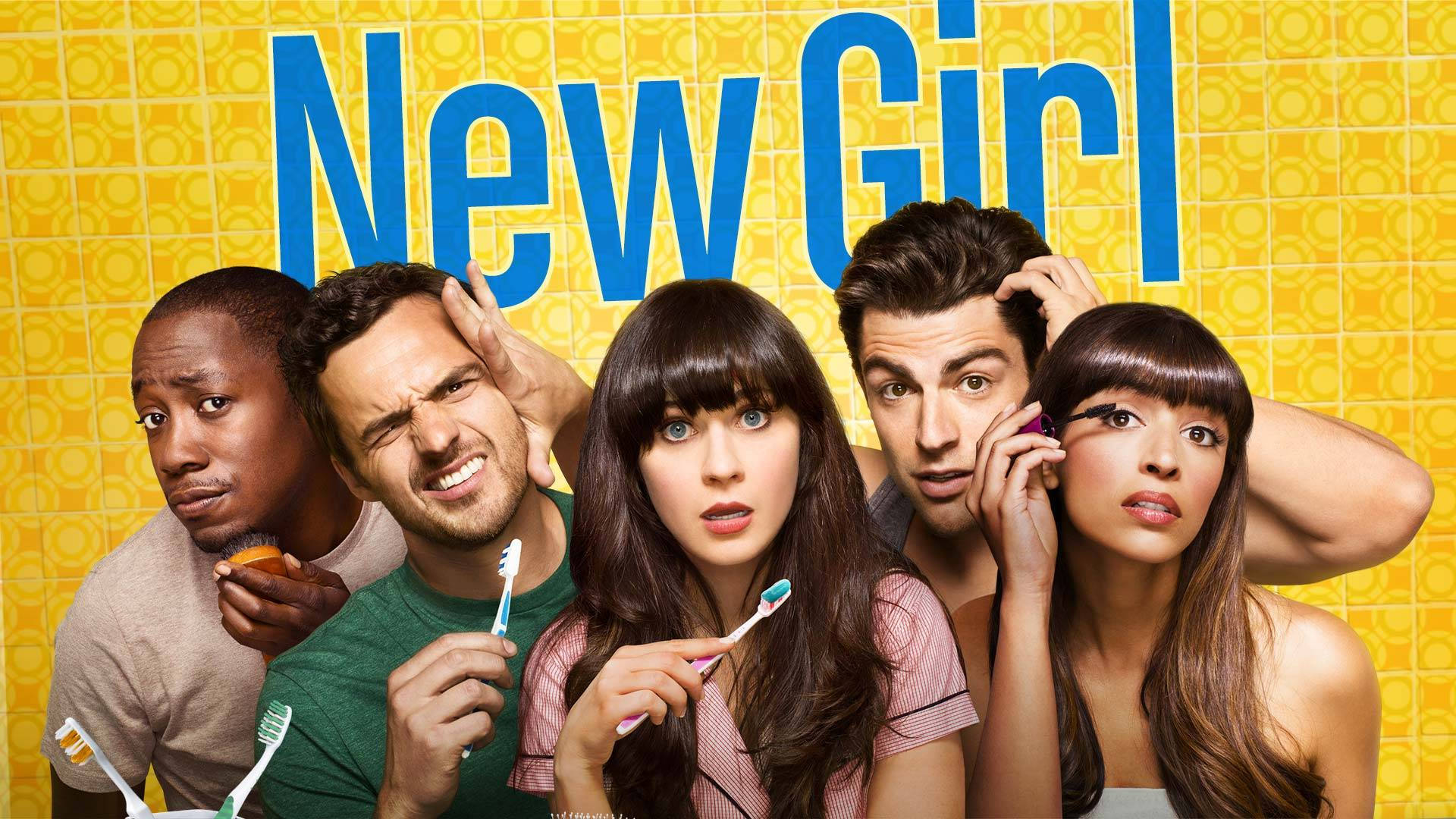 New Girl, yellow tiled wall, blue title text, Full HD Desktop Wallpaper