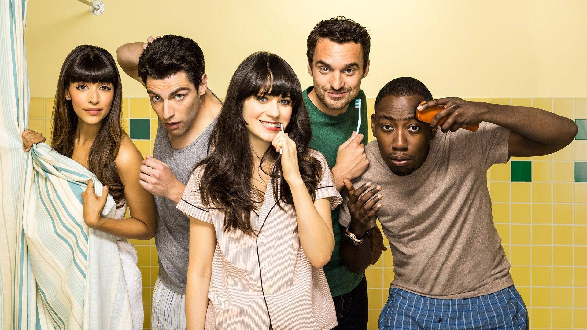 New Girl, bathroom, yellow tiled walls, Full HD Desktop Wallpaper