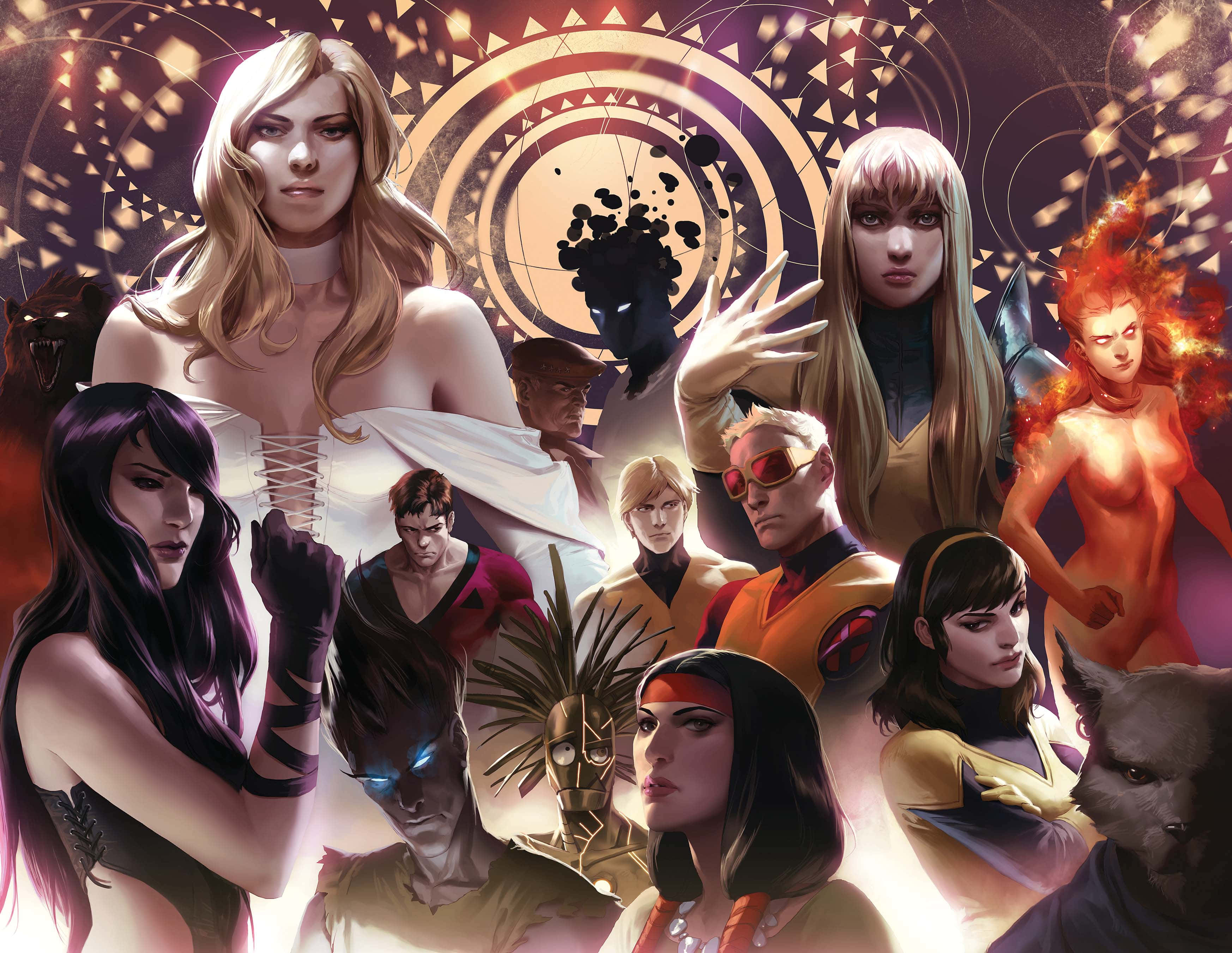New Mutants, cosmic circular background, glowing eyes, 2K Desktop Wallpaper