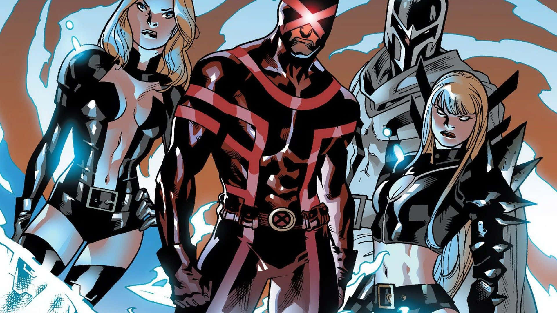 New Mutants, black and red costumes, swirling blue and orange background, Full HD Desktop Wallpaper