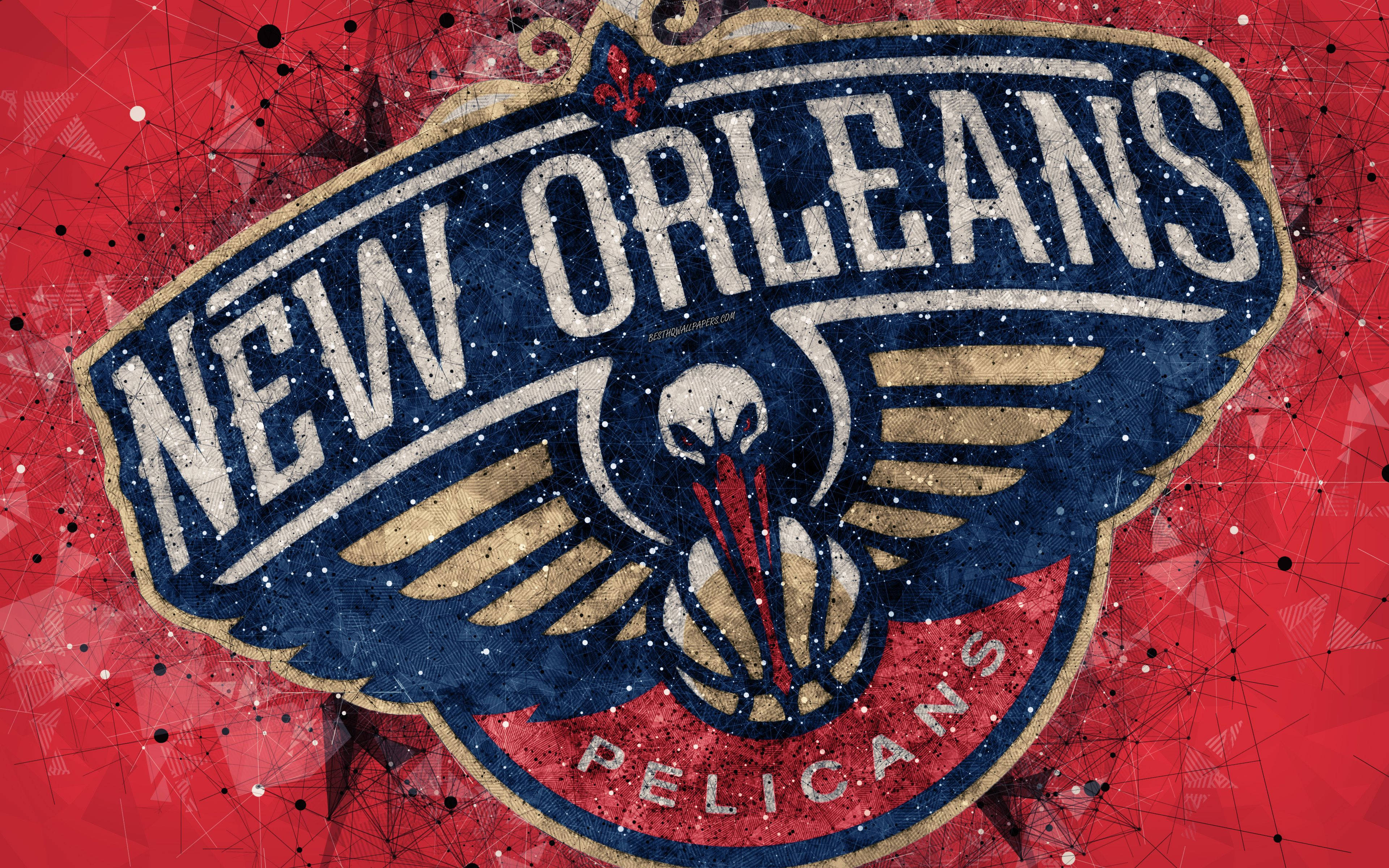 New Orleans Pelicans, pelican holding a basketball, red geometric background, 4K Desktop Wallpaper