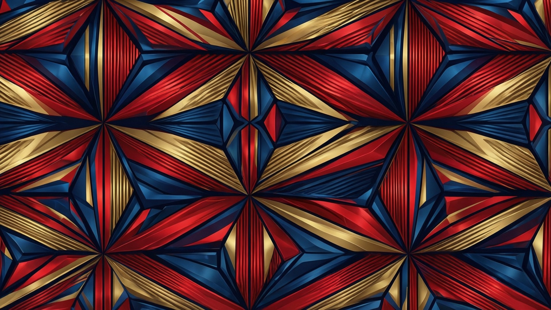 geometric starburst pattern, red blue and gold, sharp angular facets, Full HD Desktop Wallpaper