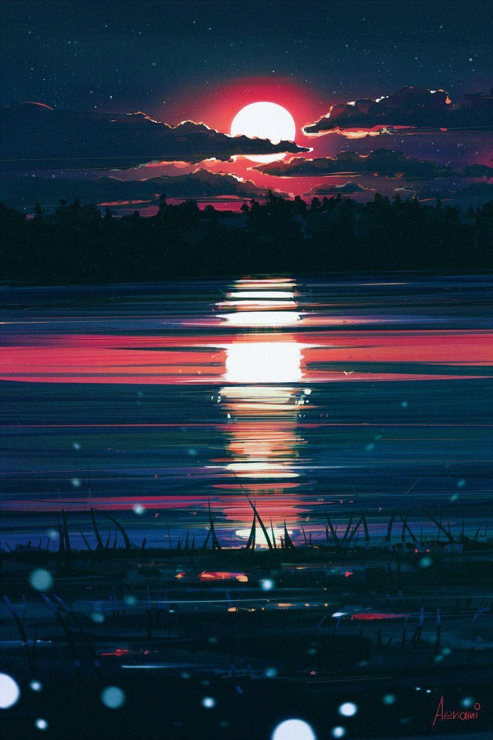 Orange Full Moon, red moon, dark lake, HD Phone Wallpaper