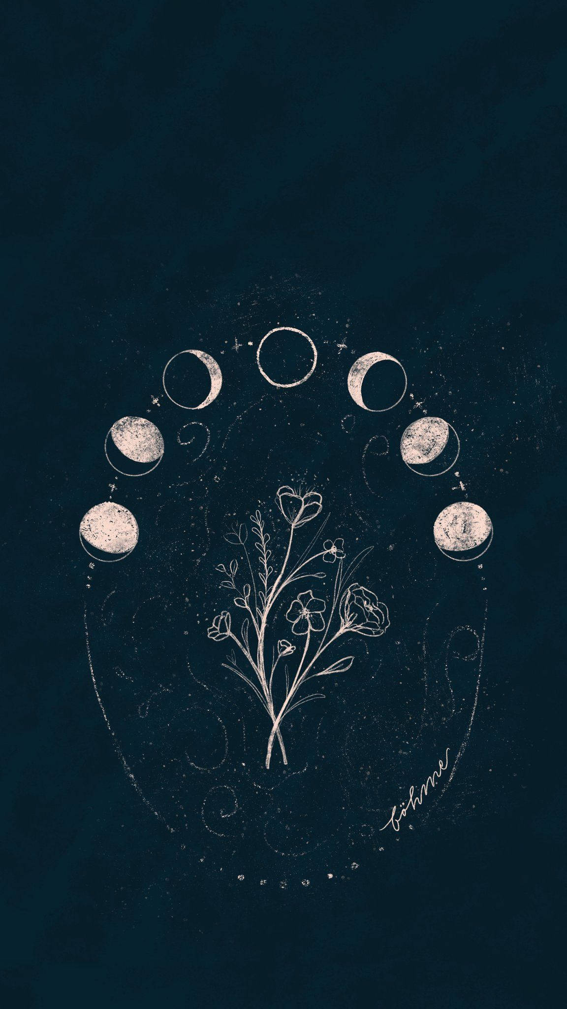 moon phase sketch, white floral sketch, circular arrangement of moon phases, Full HD Phone Wallpaper
