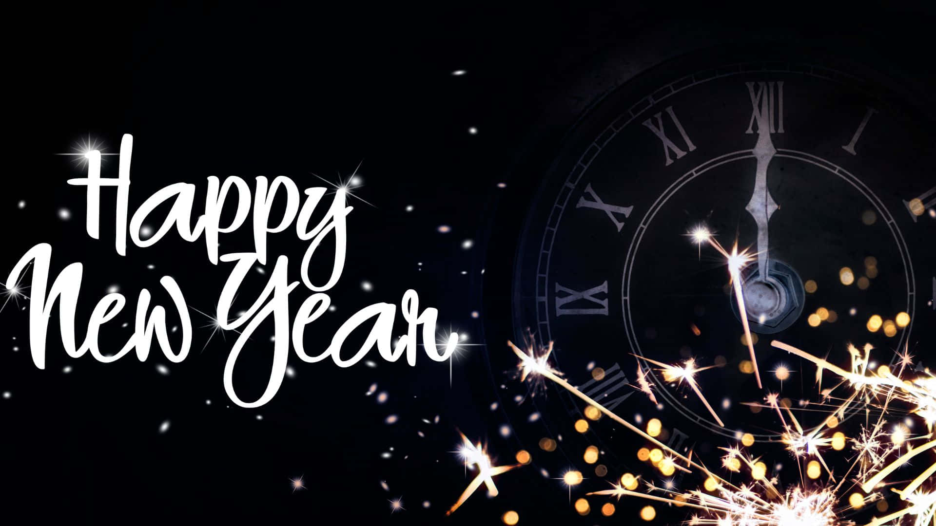 New Year's Eve, clock striking midnight, sparkling fireworks, Full HD Desktop Wallpaper