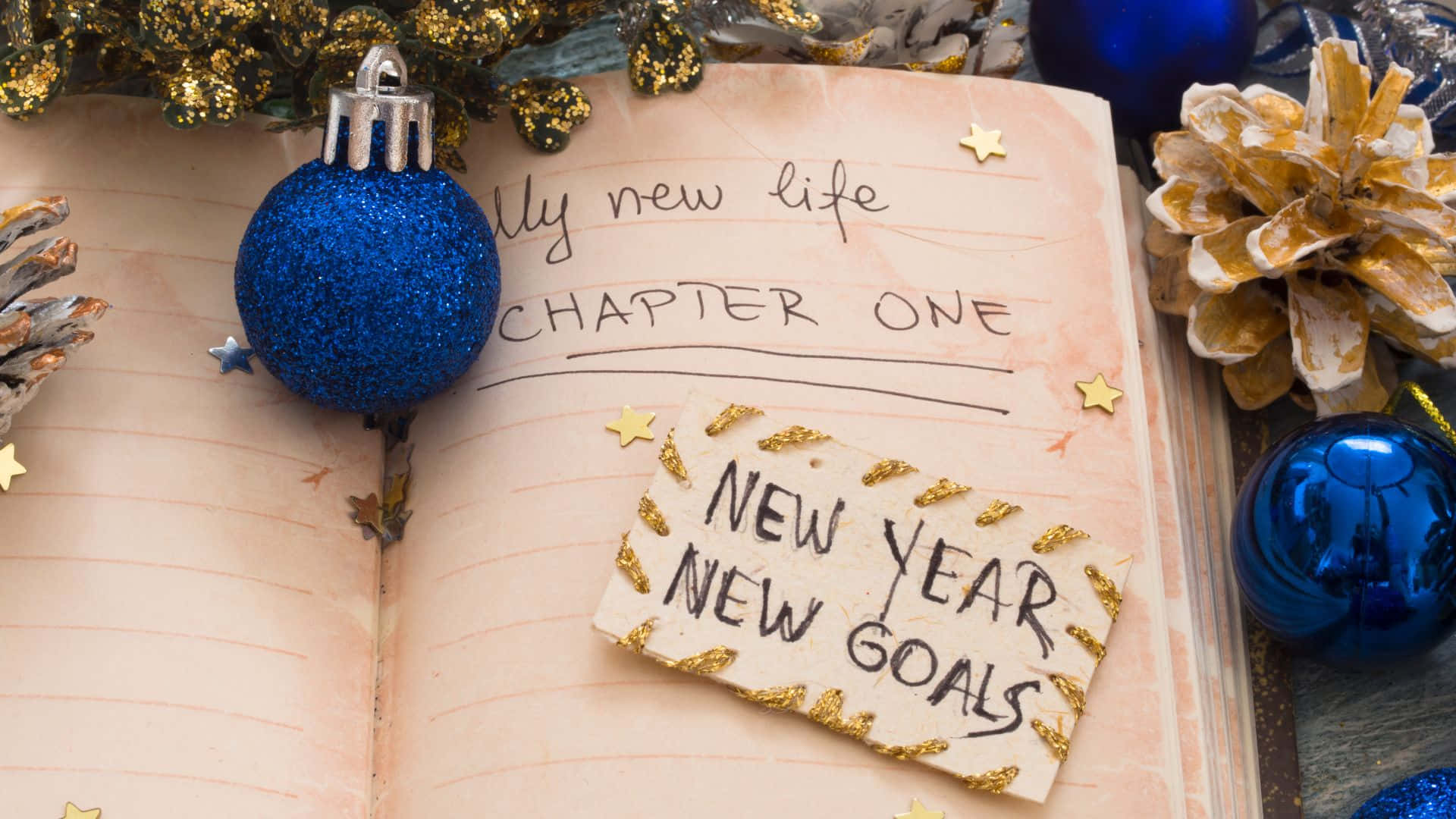 CHAPTER ONE, NEW YEAR NEW GOALS, blue glitter ornaments, Full HD Desktop Wallpaper