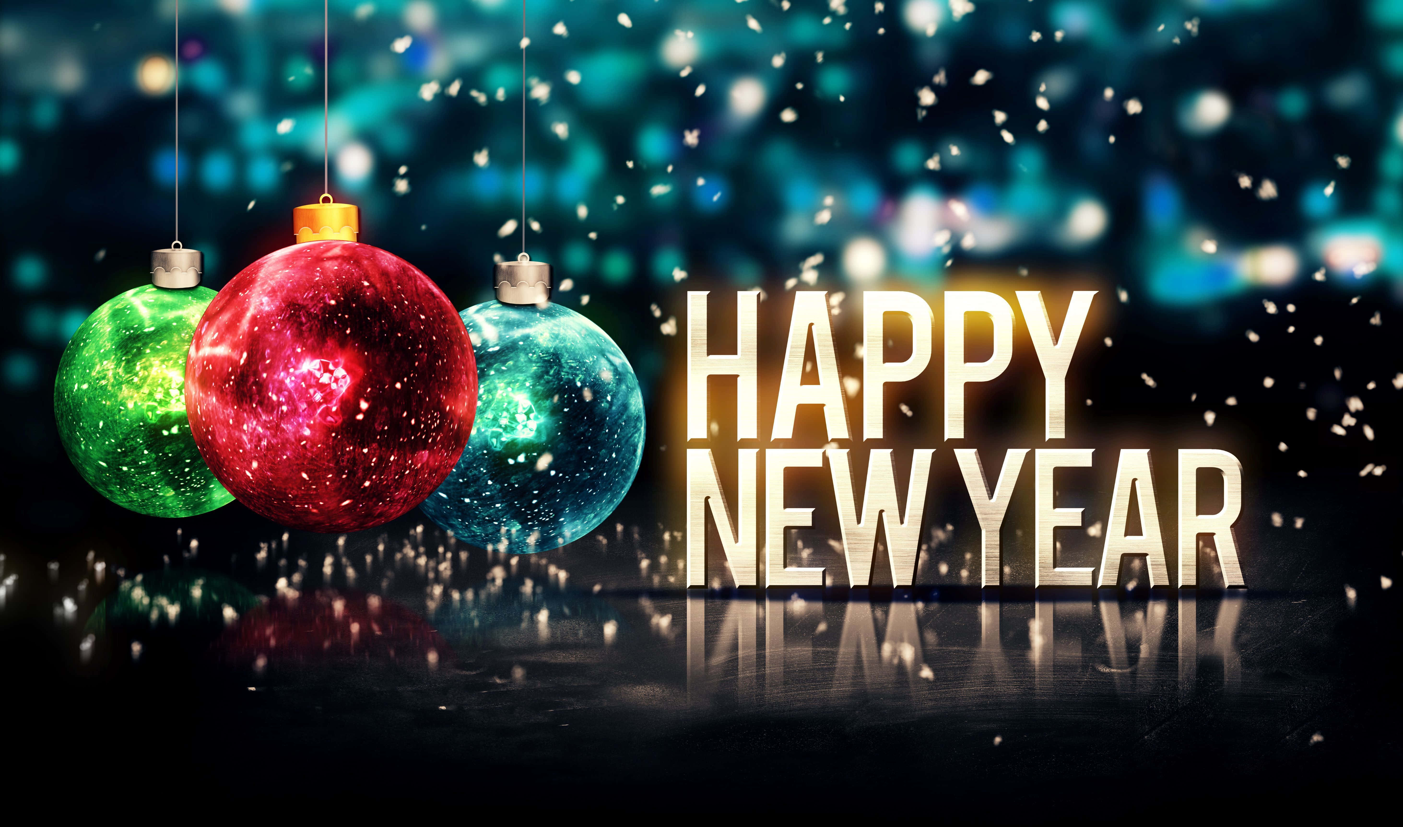 HAPPY NEW YEAR, glittering festive ornaments, confetti, 5K Desktop Wallpaper
