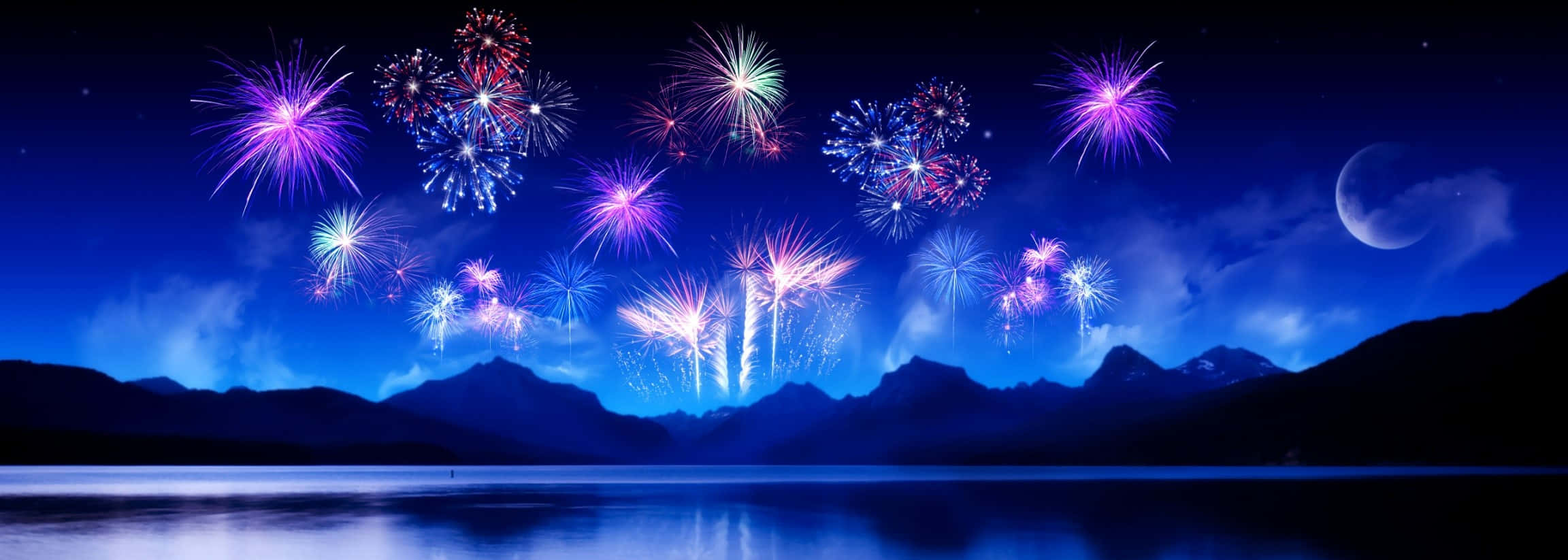 fireworks, lake, mountains, Full HD Desktop Wallpaper