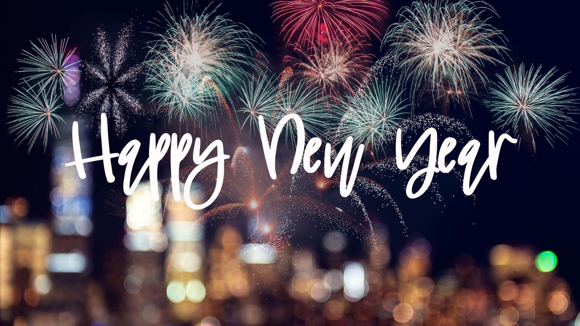 Happy New Year, fireworks, city skyline, Full HD Desktop Wallpaper