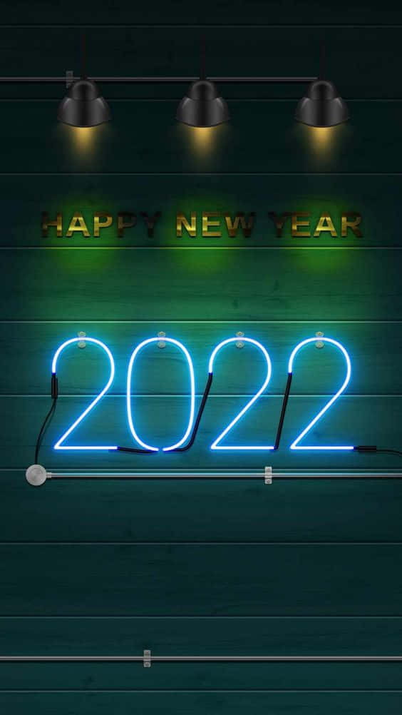 2022, glowing blue neon sign, dark green wooden wall, SD Phone Wallpaper