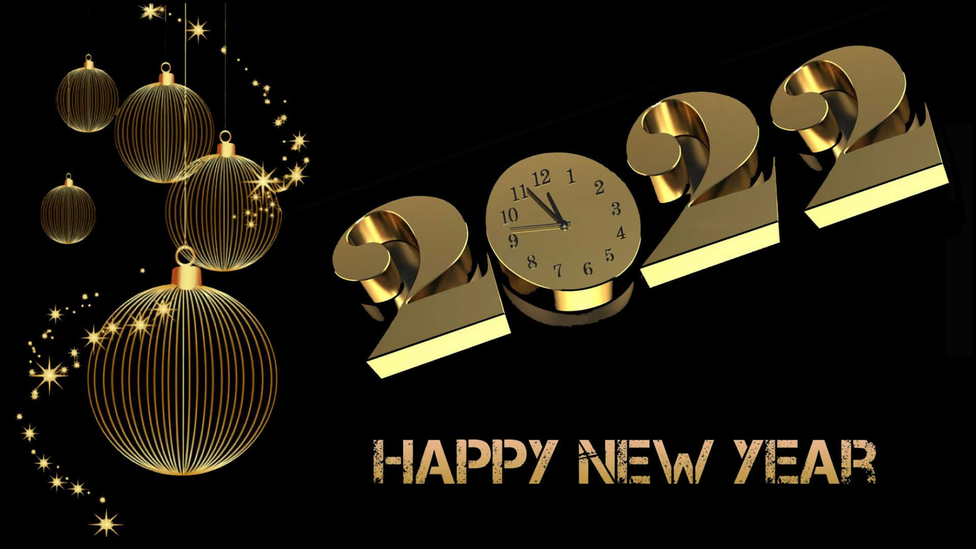 Solid Gold New Year 2022, 3D '2022' numerals, clock showing midnight, Full HD Desktop Wallpaper