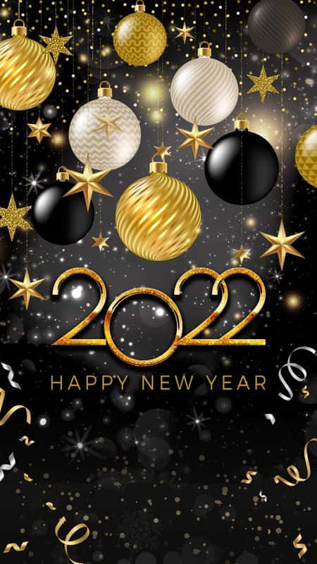 New Year 2022, golden ornaments, black ornaments, SD Phone Wallpaper