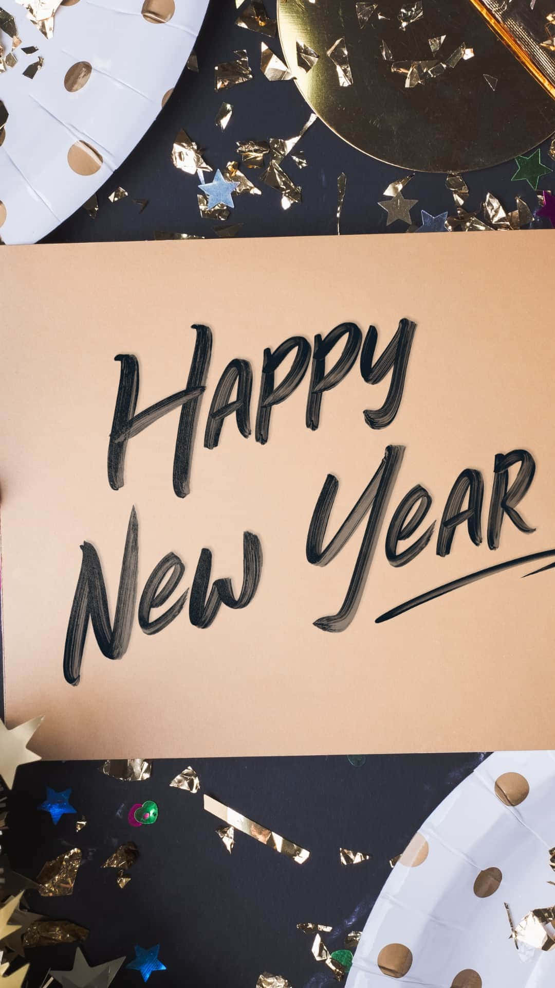 Happy New Year, gold confetti, party plates, Full HD Phone Wallpaper