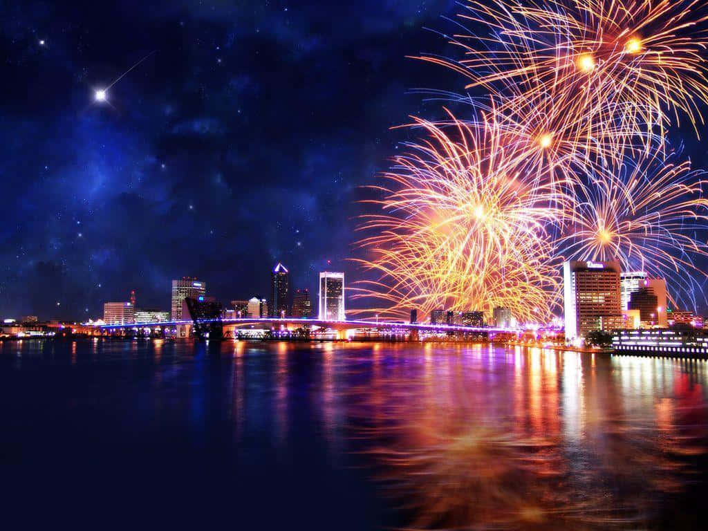 fireworks, city skyline, night, SD Desktop Wallpaper