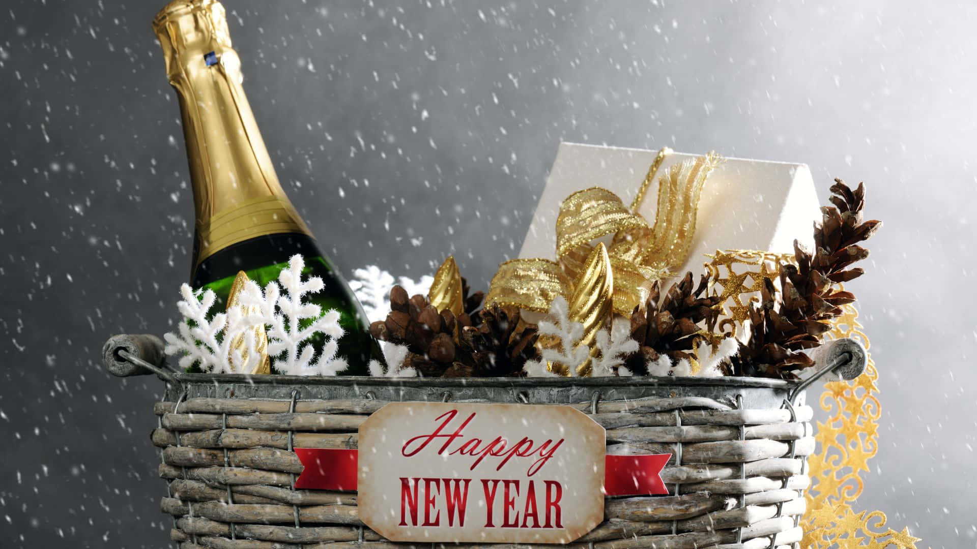 New Year Aesthetic, wicker basket, champagne, Full HD Desktop Wallpaper