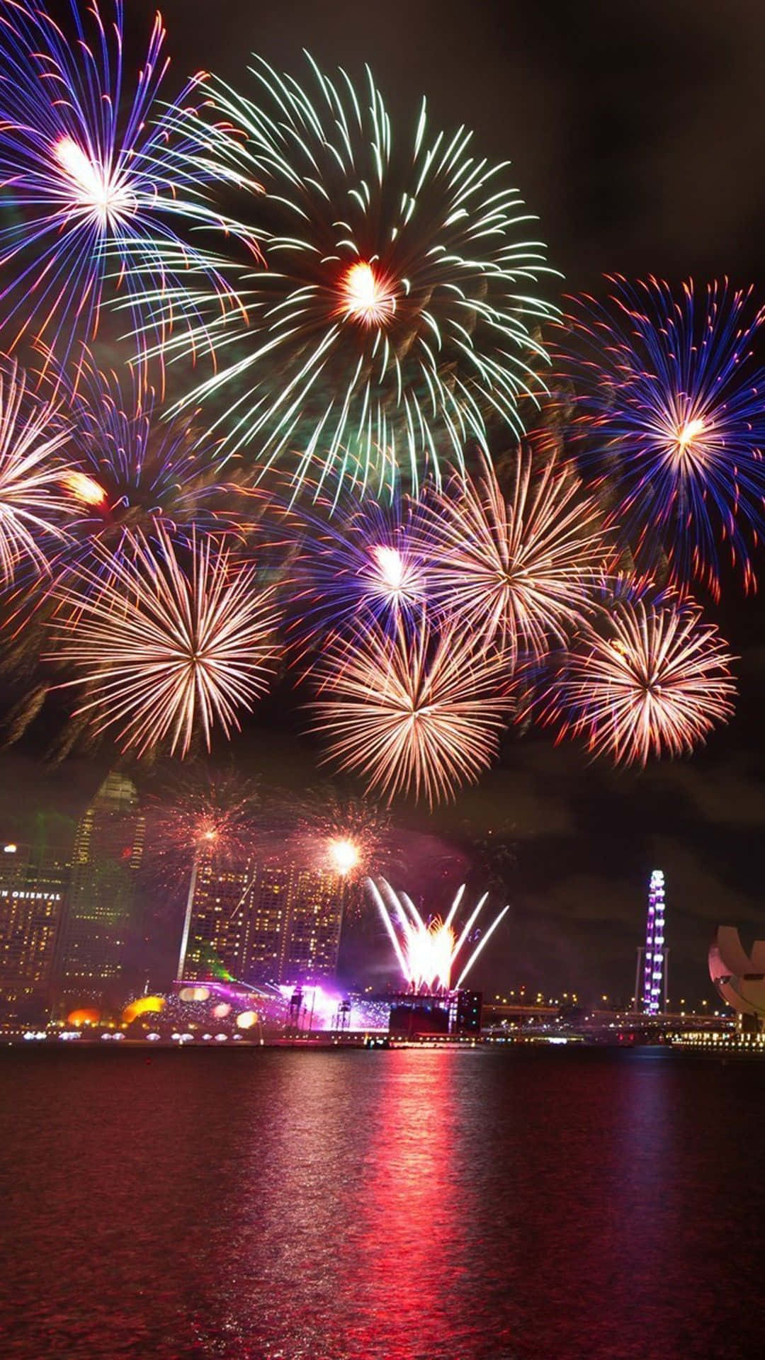 New Year Phone, city skyline, fireworks, Full HD Phone Wallpaper