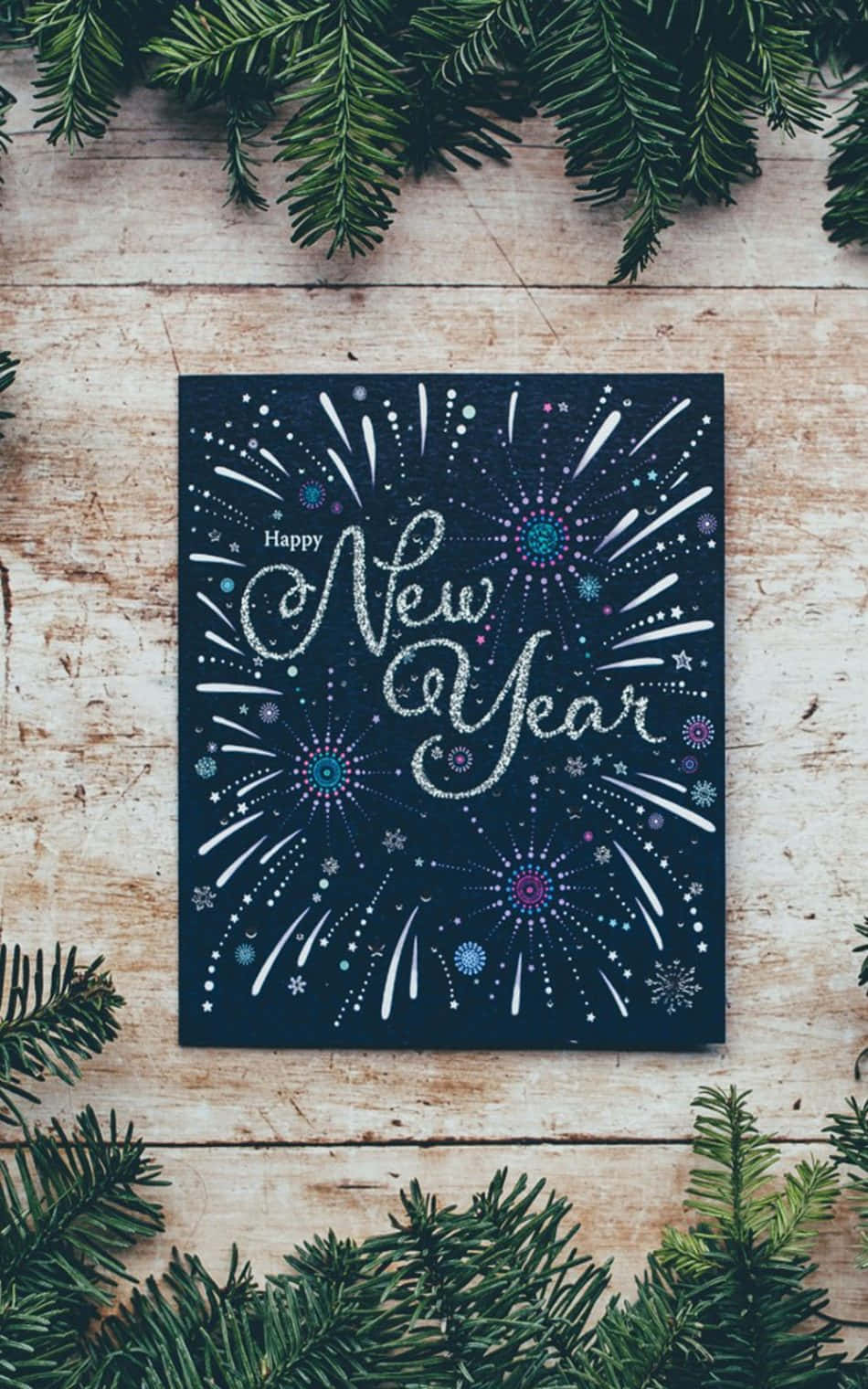 Happy New Year, glittery fireworks design, weathered wood, HD Phone Wallpaper