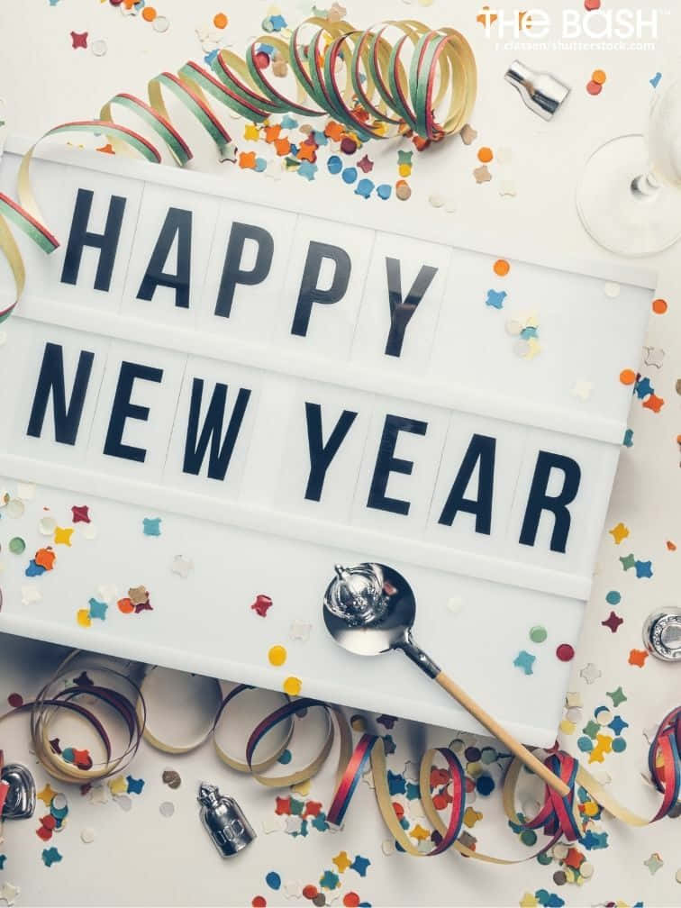 HAPPY NEW YEAR, colorful confetti ribbons, champagne bottles, SD Phone Wallpaper