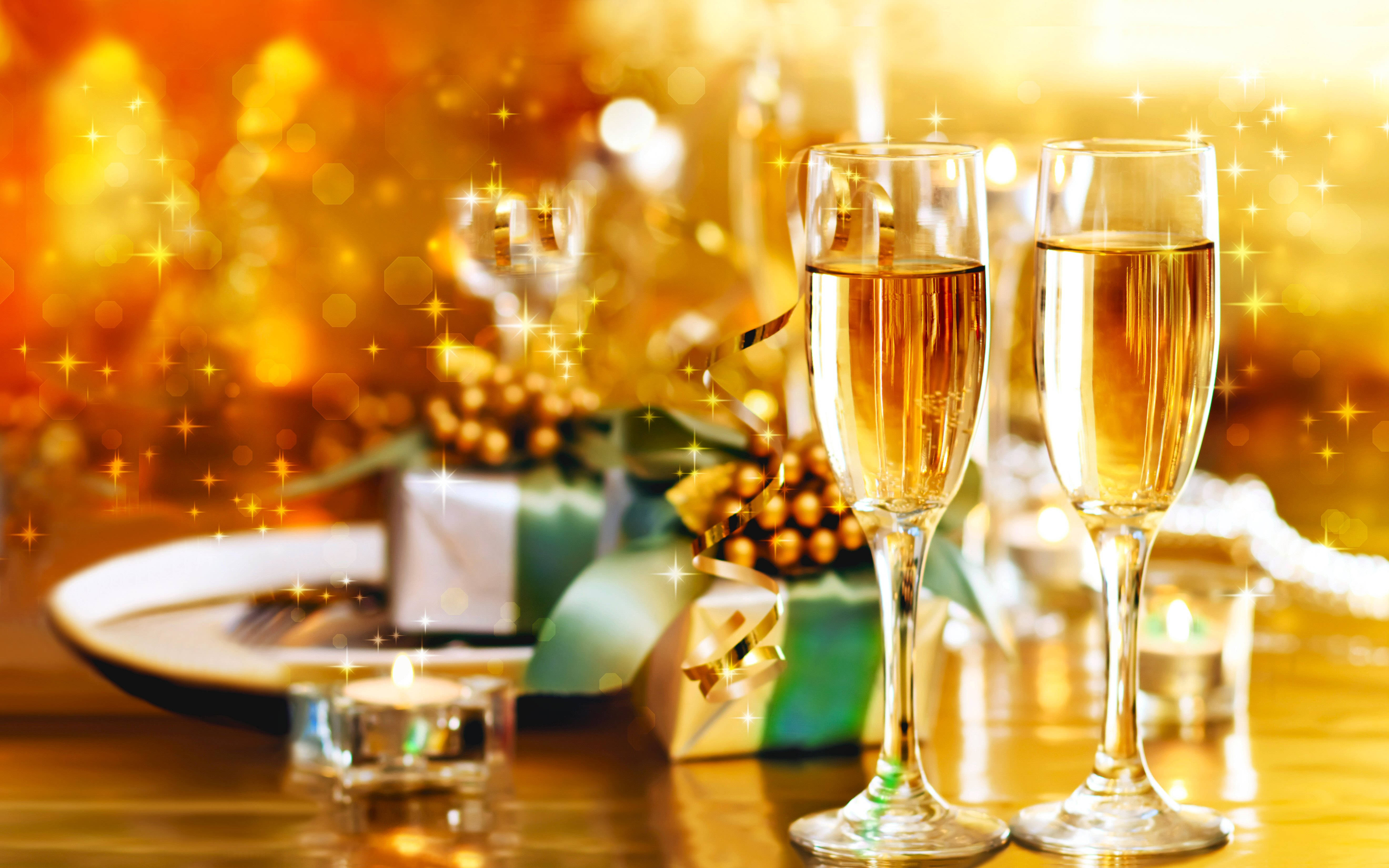champagne flutes, gift, candles, 5K Desktop Wallpaper