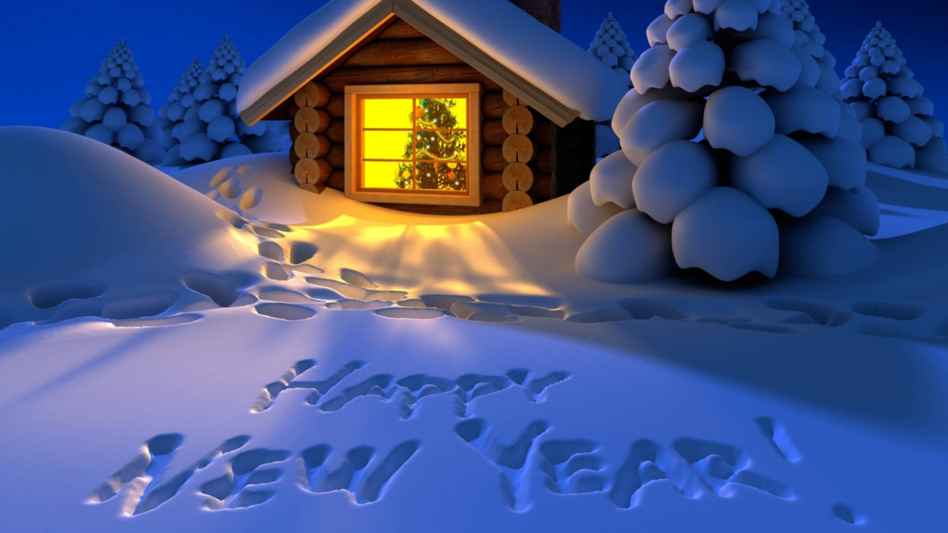 New Year, snow-covered cabin, glows warmly at night, Full HD Desktop Wallpaper