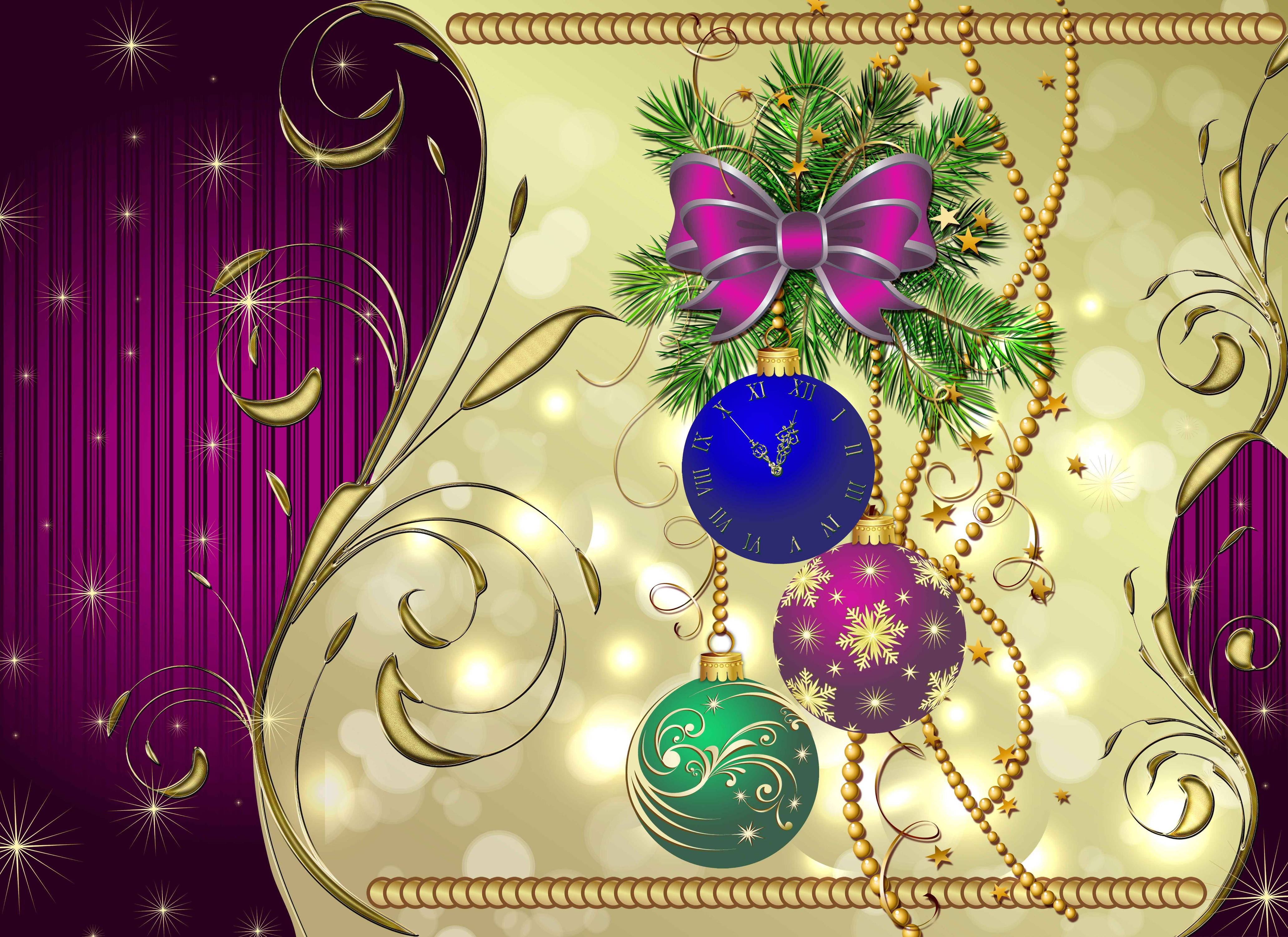 Christmas Balls, New Year, golden vines, 4K Desktop Wallpaper