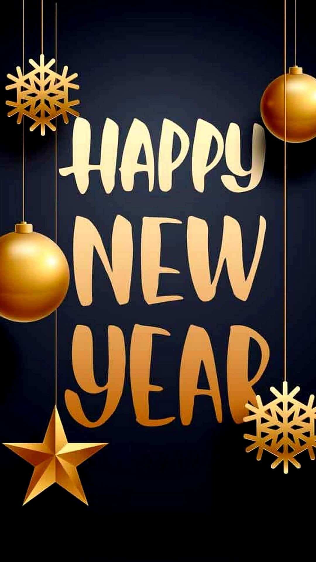 Happy New Year, golden hanging ornaments, bold text, Full HD Phone Wallpaper