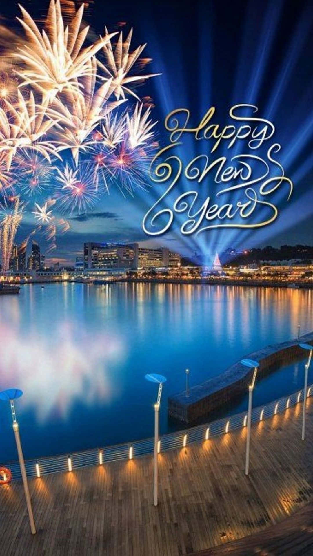 Happy New Year, fireworks, city skyline, Full HD Phone Wallpaper