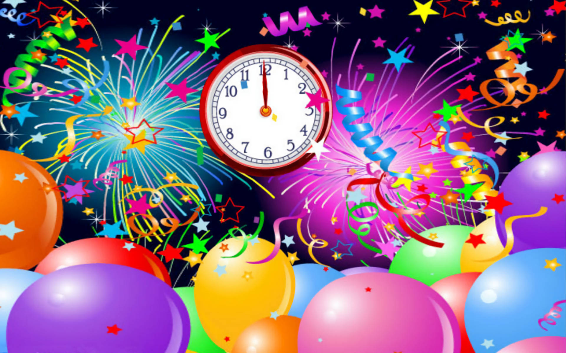 midnight, colorful balloons, fireworks, Full HD Desktop Wallpaper