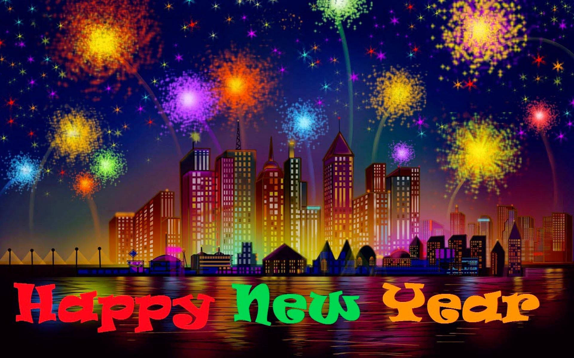 New Year's Eve, city buildings, vibrant fireworks, Full HD Desktop Wallpaper
